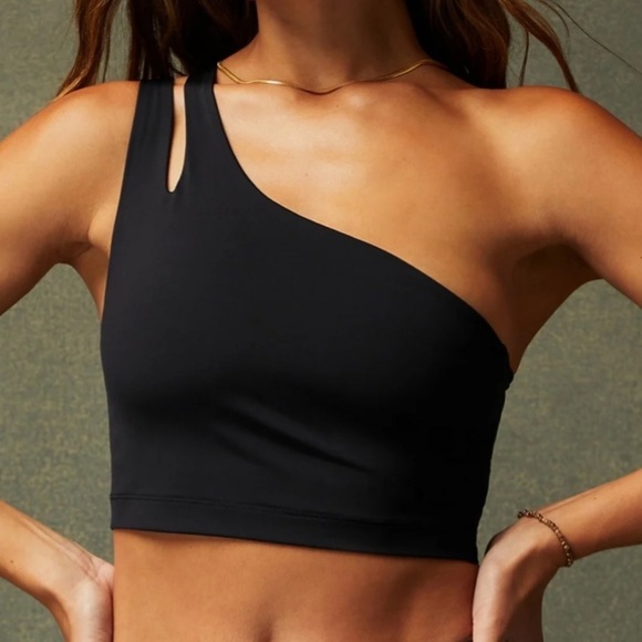 Fabletics Merlot asymmetrical one Shoulder double strap black midi bra, new - Picture 1 of 8